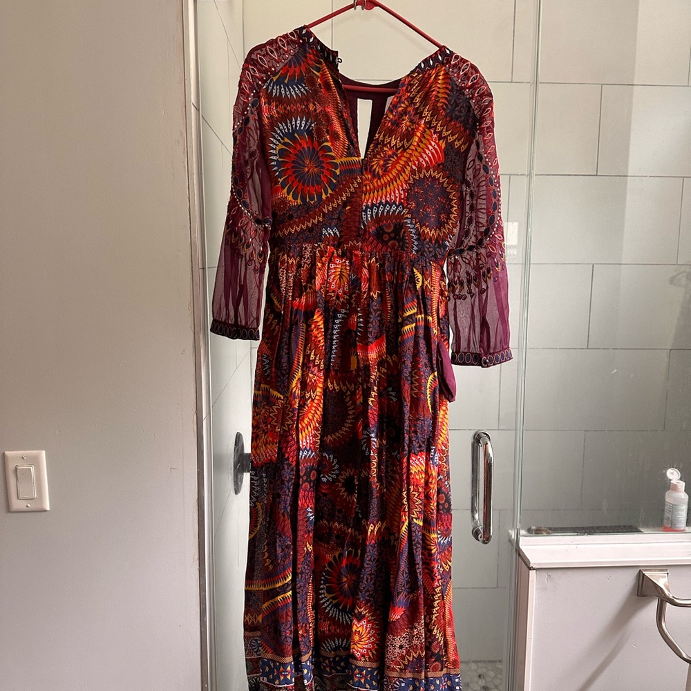Anthropologie Red and Orange Smocked Sundress with Bishop Sleeves